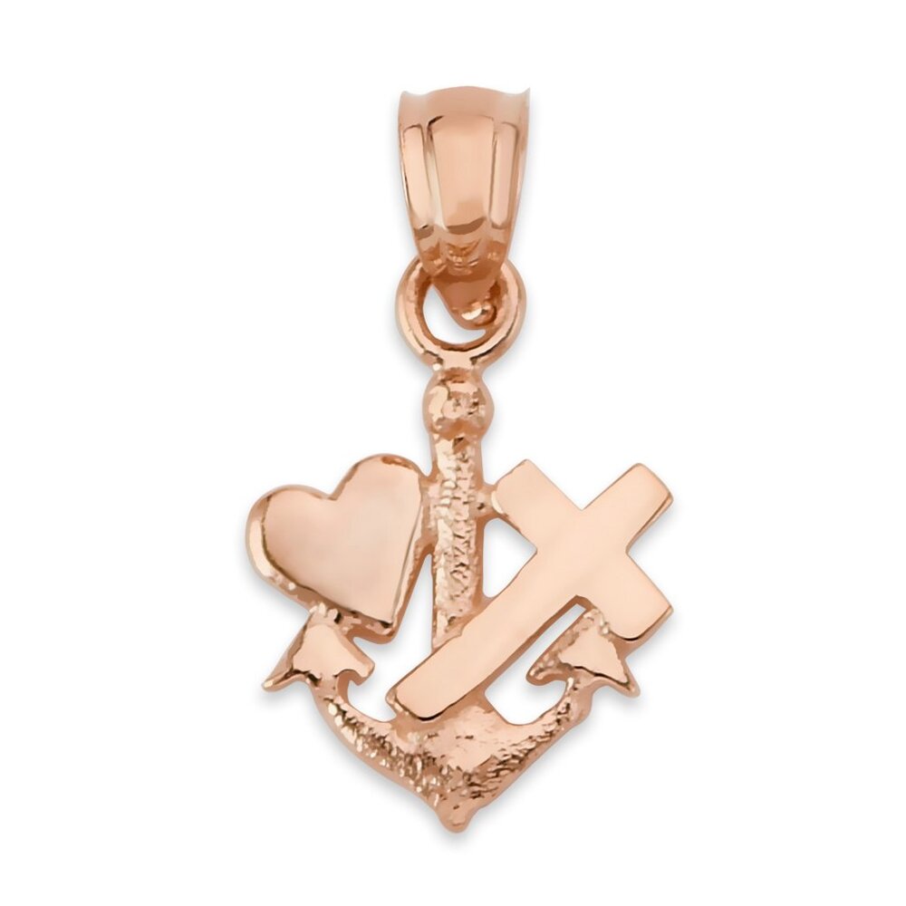 Solid 14k Rose Gold Hope Faith and Love Pendant - Anchor Cross Heart Jewelry